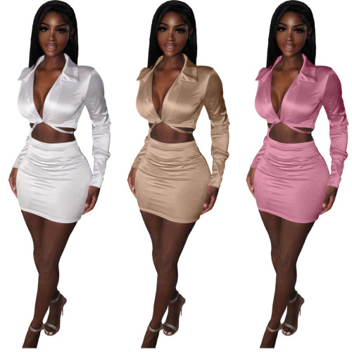 Silk Long Sleeves Crop Top and Mini Skirt 2PCS Set