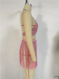 Sexy Pink Rhinestone Sparkly Tassel Two Piece Skirt Set