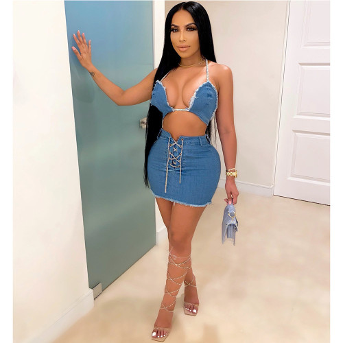 Sexy Halter Bra Top and Lace Up Mini Skirt Denim Two Piece Set