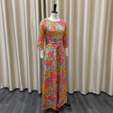 Plus Size Leaf Print 3/4 Sleeves O-Neck Dress