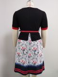 Plus Size O-Neck Short Sleeves Print Patchwork Midi Dress