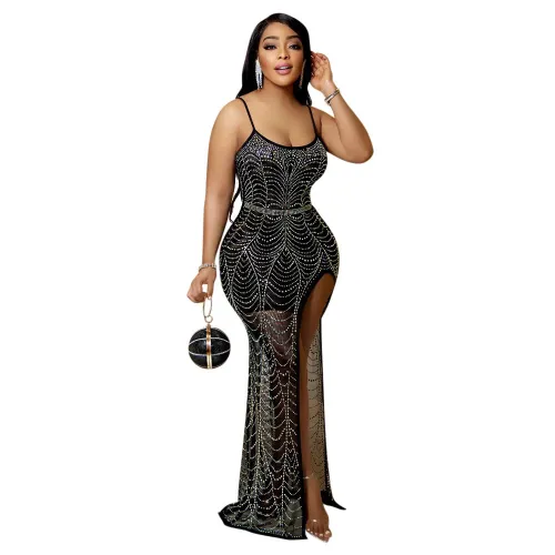 Rhinestone Cami Sleeveless Slit Long Dress