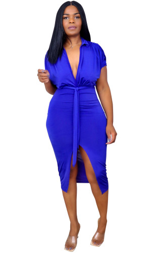 Women Plunge Neck Short Sleeve Slit Front Midi Dress