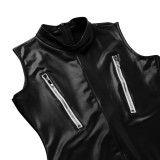 Womens Sleeveless PU Leather Zipped Jumpsuit Sexy Lingerie