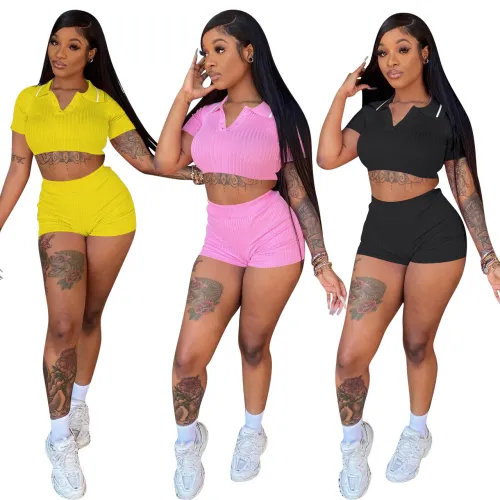 Short Sleeve Turndown Collar Crop Top and Shorts 2PCS Set