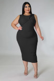 Plus Size Solid Color Sleeveless O-Neck Back Zip Long Dress