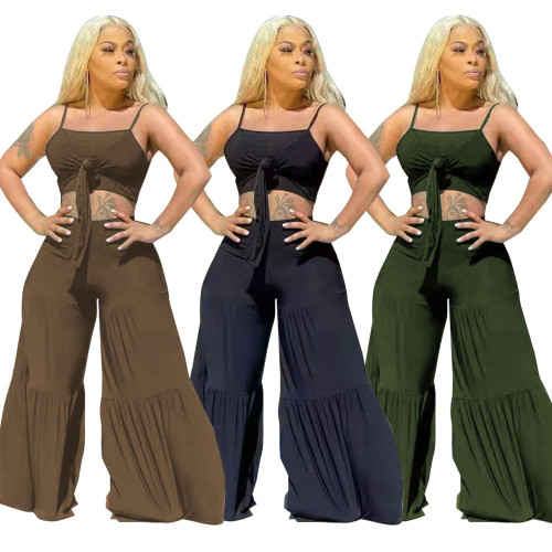 Sexy Solid Cami Tank Top and Wide Pants Plus Size Two Piece Set