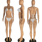 Shiny Cami Halter Bikini and Mesh Crop Top with Pant 4PCS Swimsuit