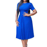 Plus Size Short Sleeve O-Neck Pleated Long Dress