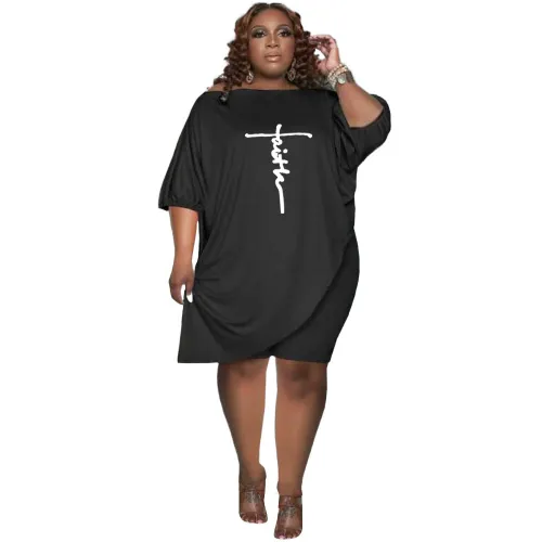 Plus Size Letter Print Loose Slit Long Top and Shorts 2PCS Set