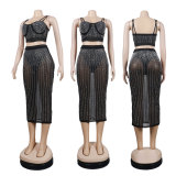 Rhinestone Cami Underwear Crop Top and Long Skirt 2PCS Set