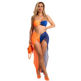 Sexy Contrast Color Bandeau Top + Pantie + Mesh Skirt Three Piece Set