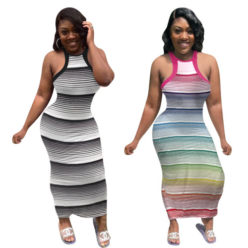 Multicolor Stripe Print Sleeveless Cami Long Dress