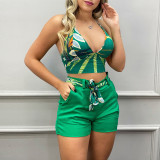 Green Print Cami Crop Top and Shorts With Belt 2PCS Set