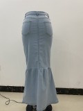Lt-Blue Button Up Long Denim Fishtail Skirt
