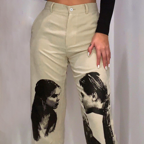 Women Character Printed High Waist Corduroy Pants