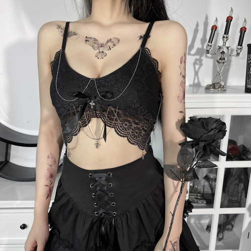 Gothic Sexy Metal Chain Black Lace Cami Top