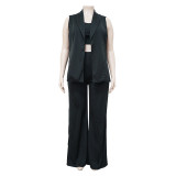 Plus Size Crop Top with Sleeveless Turndown Collar Blazer and Wide Pants 3 pcs Set
