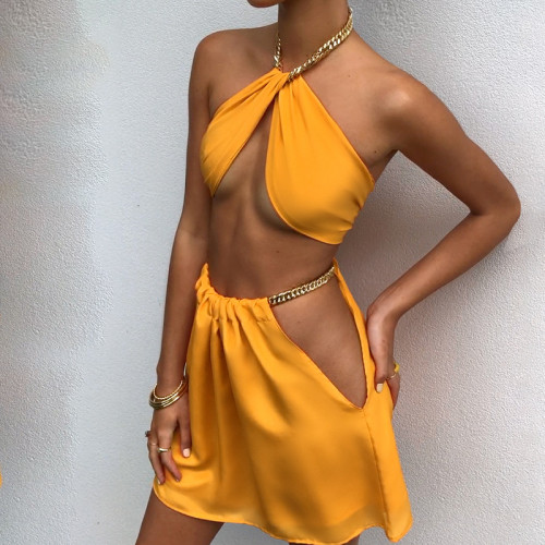 Chain Halter Crop Top and Mini Skirt Two Piece Set