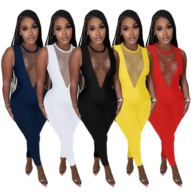 Wholesale Sexy Deep V Rhinestone Sleeveless TightJumpsuit