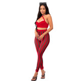 Sexy Solid Halter Crop Top and Mesh Striped Pants 2PCS Set