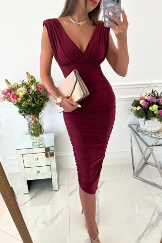 Solid Color Sleeveless V-neck Ruched Bodycon Dress