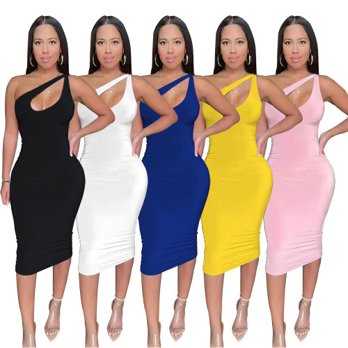 Solid Color Slanted Shoulder Sheath Midi Dress