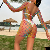 Rainbow Fishnet Hollow Out Full Sleeve Mini Beach Dress Cover Up( without Bikinis)
