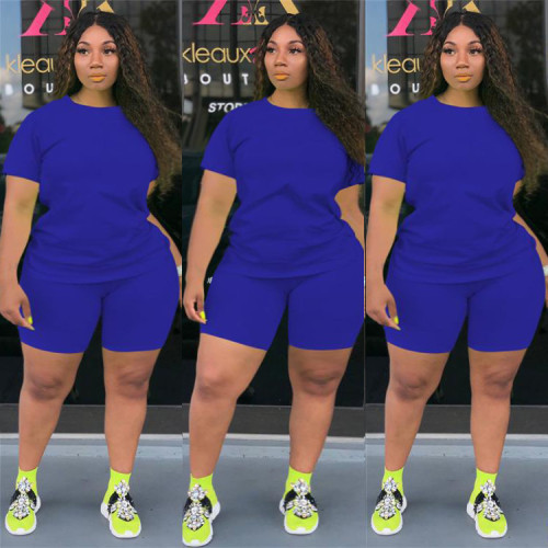 Summer Blue Casual Plus Size Women's Two Piece Shorts Set