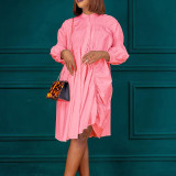 Solid Color Long Sleeve Button Open Irregular Blouse Dress