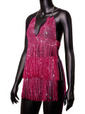 Tassel Rhinestone Party Two Piece Skirt Set Backless Halter Top and Skirt