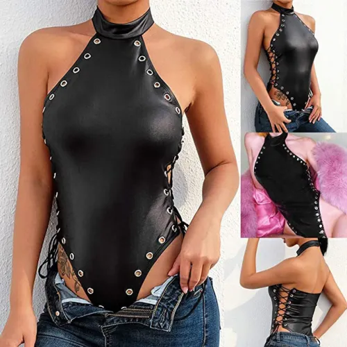 Sexy Black Halter Eyelet Lace Up One Piece Lingerie