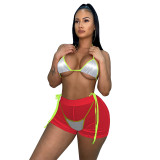 Women's Sequin Bikini Set with Mesh Shorts Three Pieces Swimwear