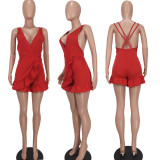Red V-Neck Backless Ruffle Rompers