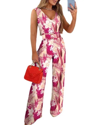 Floral Print Sleeveless V-Neck Jumpsuit with Belt