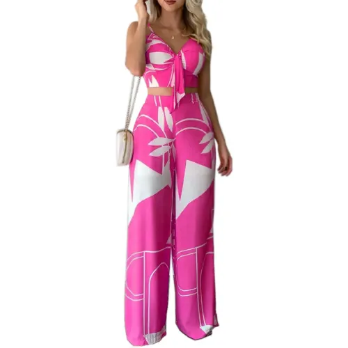 Cami Crop Top + Loose Wide Leg Pants Print Two Piece Set