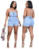 Zipper Up Sleeveless Cami Denim Rompers (with Pockets)