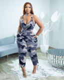 Camo Sexy V-Neck Cami Top and Pocket Pants Casual Two Piece Set