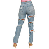 Trendy Blue Ripped Holes Wide Leg Loose Jeans