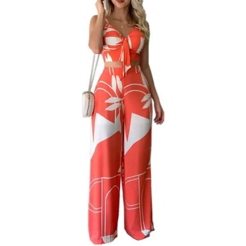 Cami Crop Top + Loose Wide Leg Pants Print Two Piece Set