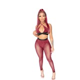 Sexy Shiny Halter Wrap Around Top and See-through Tight Pants Two-piece Set