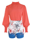 Solid High Neck Long Sleeve Top and Print High Waist Shorts 2PCS Set-without belt