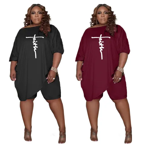 Plus Size Letter Print Loose Slit Long Top and Shorts 2PCS Set
