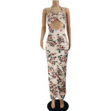 Cut Out Floral Print Drawstring Ruched Halter Maxi Dress