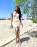 Sexy Ribbed White Halter Fringed Dress