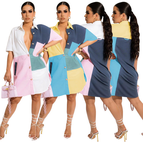 Multicolor Patchwork Button Up Slit Blouse Dress with Pockets