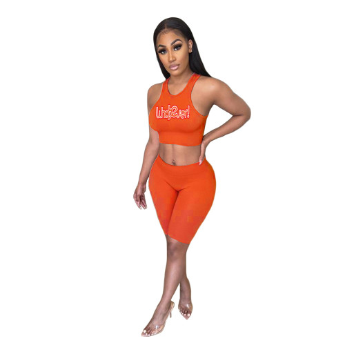 Solid Letter Crop Top & Shorts Two Piece Set for Women