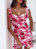 Floral Print Ruffle Sleeveless V-neck Bodycon Dress