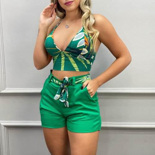Green Print Cami Crop Top and Shorts With Belt 2PCS Set
