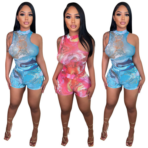 Print Sleeveless O-Neck Crop Top And Shorts Two Piece Set